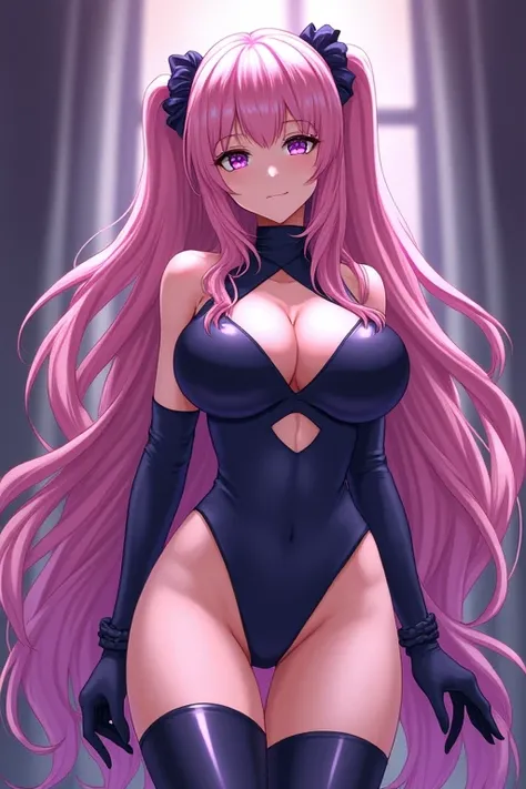 large breasts,chris yukine, long hair, low twintails, purple eyes, scrunchie, leotard, cleavage cutout, elbow gloves, thigh boots

