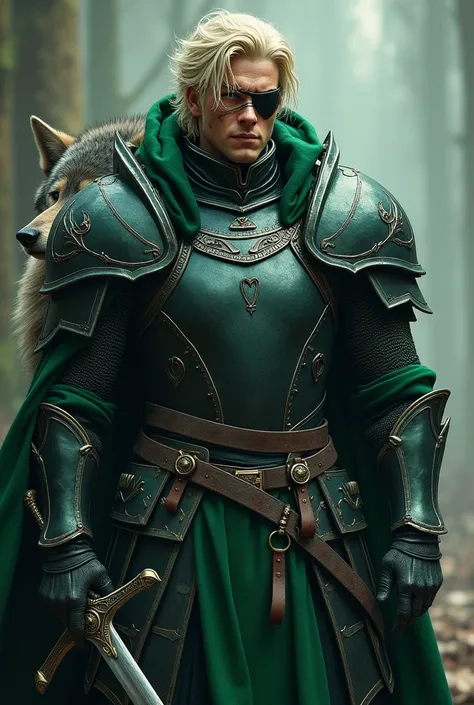 A knight in all black and green armor, blond hair, an eye patch, a scar on his face, a huge sword and a huge gray wolf on the side.