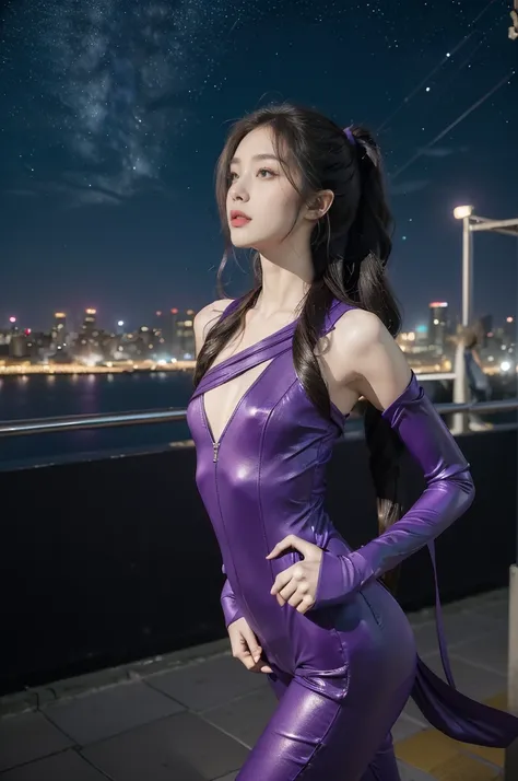 (((best quality))),(((ultra detailed))),(((masterpiece))),illustration,((1girl,Rui Kisugi,solo)),((slim,thin)),((small breasts,flat chest)),(long wavy hair:1.2),((bare shoulder,shoulder off)),(purple full-body tight-fitting catsuit:1.5),(a cyan ribbon is t...