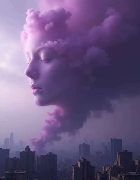 ((Purple mist and smoke shroud:1.7)), (Mysterious Fog:1.5), A visualization of an intense storm: the stormcloud takes the shape of a womans face, obscured by the shadows and nuances of the turbulent cloud formations. From her mouth, strong winds are emitte...