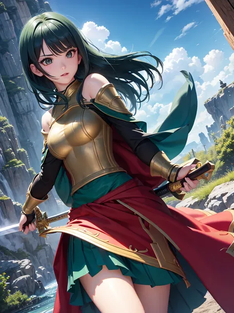 A Beautiful detailed girl with green wavey hair in Yamato Nadeshiko style, Break,short haircut, wearing blue leotard, Break,off-shoulder, black pareo skirt, Break,red cloak, Break,circlet, wielding evil sword, fantasy Dragon Quest inspired scene , highest ...