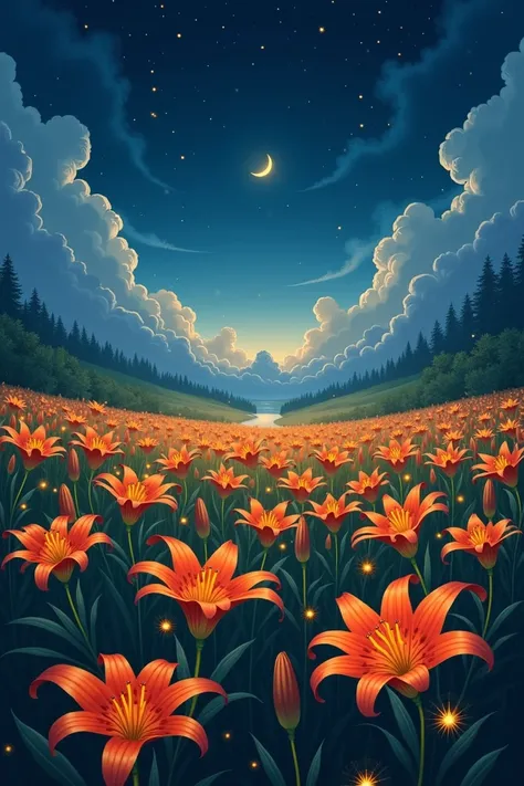 field of tiger lilies, night sky