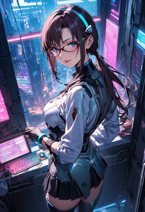 1girl, makinami mari illustrious,glasses, neon genesis evangelion, cyberpunk fashion, futuristic outfit, young adult woman, high-tech photoshoot, neon lighting, dystopian urban background, masterpiece, best quality, absurdres,detailed beautiful face,cowboy...