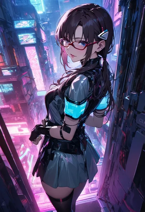 1girl, makinami mari illustrious,glasses, neon genesis evangelion, cyberpunk fashion, futuristic outfit, young adult woman, high-tech photoshoot, neon lighting, dystopian urban background, masterpiece, best quality, absurdres,detailed beautiful face,cowboy...