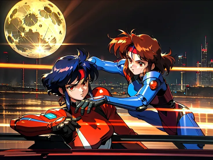 Kenichi Sonoda, retro art-style, 90s Japanese Anime Style, "bubblegum crisis", Sci-fi, Cyberpunk, Neon, Dystopia, (This story is set in the near future of Mega Tokyo in 2032 and depicts the exploits of beautiful young girls who are Knight Sabers, shadow ex...