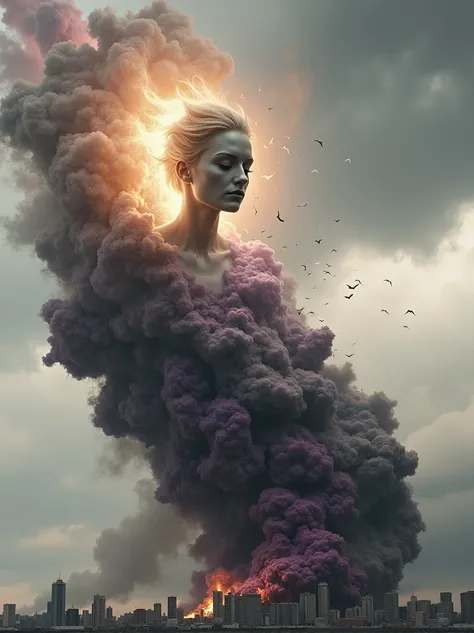 ((Purple mist and smoke shroud:1.7)), (Mysterious Fog:1.5), A visualization of an intense storm: the stormcloud takes the shape of a womans face, obscured by the shadows and nuances of the turbulent cloud formations. From her mouth, strong winds are emitte...