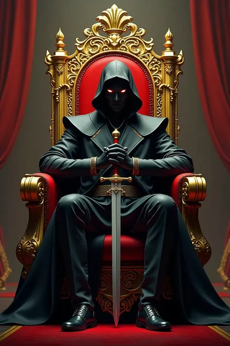  The image shows a man sitting on a throne, wearing a mask and holding a sword. The throne is made of gold and has a red and black design. The man appears to be in a royal or powerful position.