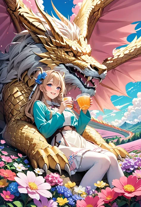 (best quality, masterpiece, ultra highres, ultra-detailed:1.2),anime-style illustration ,(The beast of the Book of Revelation ,seven-headed dragon,),Heart-shaped horns,Fluffy fur,pastel colour,ribbon,Sparkling eyes,Drinking tea,Flower field background,Pent...