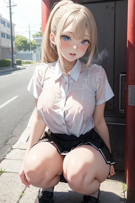 (Highest quality)), ((masterpiece)), (detailed), Natural light，Perfect Anatomy，(((A Cute High School Girl，Wearing a white open collar shirt and black skirt 1.8))),Very sexy，A young woman with a baby face，Small breasts，とてもSmall breasts，Woman squatting with ...