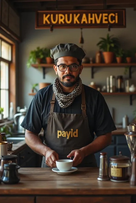 Image setting landscape wide top view, created a hensom man with a slightly medium body, glasses, Malay face, 28 years, very little short, thin, and neat beard and mustache.  Barista shirt and chef scarf hat, is preparing a cup of machine coffee, the machi...