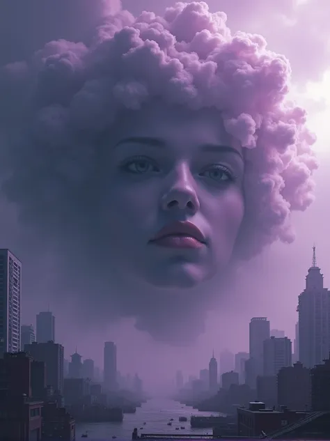 ((Purple mist and smoke shroud:1.7)), (Mysterious Fog:1.5), A visualization of an intense storm: the stormcloud takes the shape of a womans face, obscured by the shadows and nuances of the turbulent cloud formations. From her mouth, strong winds are emitte...