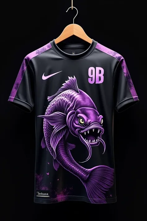 Make a soccer jersey with a print design of an angry carp with shiny details., with a black background, Nike symbol on the left side, with pink details, hanging on a hanger, The details on the shirt are with some purple and black details and on the right s...