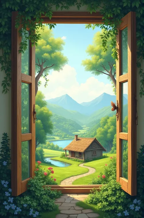 Canvas painting, Soft look, open windows scene, plants, large trees, river, little mountains, hut, 