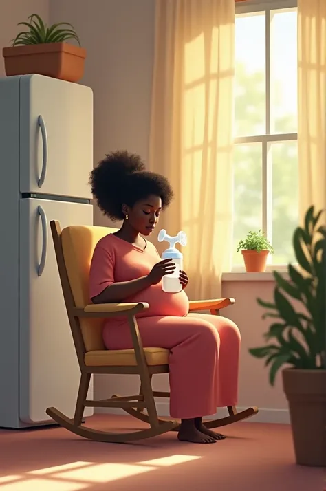 Create a room where there is a black woman who is wearing clothes , extracting milk with a breast pump, putting in a plastic bag.
The environment should be calm and have a rocking chair and refrigerator to store milk. She must be without a pregnant belly, ...