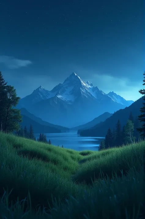 Relaxing place at night with ultra realistic grass and mountains 