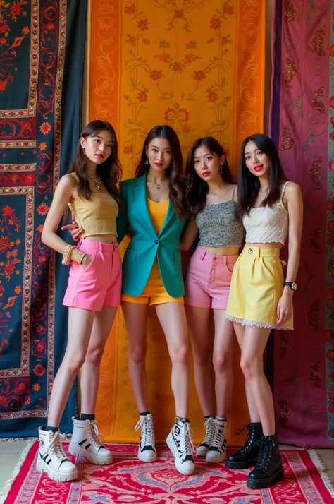 Im taking photos for a new concept album. Create concept photos of girl groups posing with colorful carpets