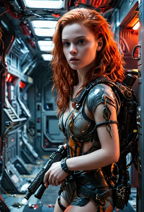 (full body shot:1) photorealistic image of a (standing pose:1) woman, ultrarealistic, photography, long red hair, woman, 24 years old, hourglass figure, perfect body, natural medium breasts, Full body picture, she is on a destroyed space station, in a dark...