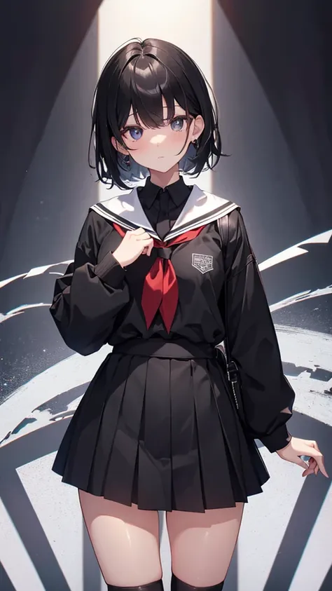 (Highest quality,Very detailed,),black tights,Black Hair,short hair,cute,Black Eye,Wearing a high school uniform,Her eyes are white and shining,Her eyes are white and shining,