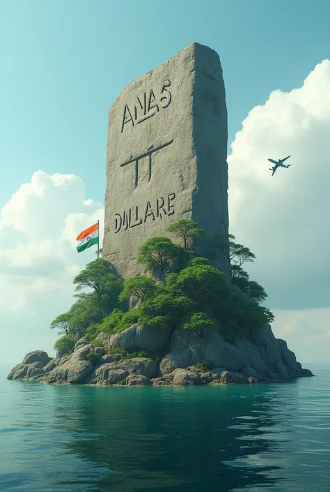 ((best quality)), ((masterpiece)), (detailed), perfect faceAn image of an old Stone in the middle of the sea with a forest wrapped around it, ANAS DULARE written on it, the Indian flag fluttering and an airplane flying in the sky