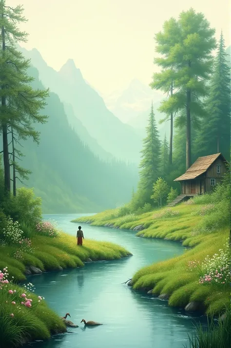 Canvas painting, Soft look, grass, plants, large trees, river, little mountains, hut, painting look, a  on left side in a flower garden