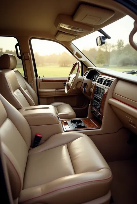 2004 Lincoln Navigator interior image, beige, 7 seats with red stitching details on the dashboard