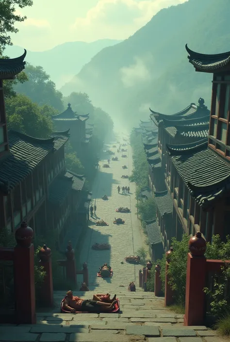 Make the valley of peace identical, with fog in the distance and ashes falling .
With villagers based on the Kung Fu Panda movie on medical stretchers, injured.
In a perspective from the palace stairs to the main street 