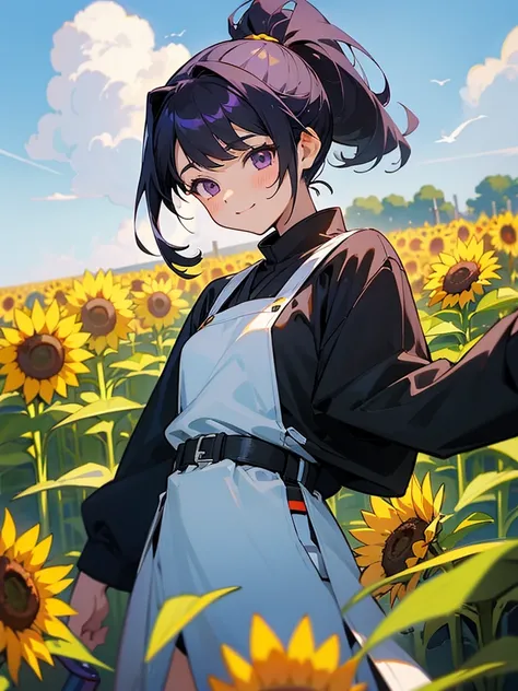  master piece, best quality, for below, cinematic angle, upper body , pigeon toed,  
Anime-style Moe illustration,  summer theme, 16-year-old woman, sunflower field, ponytail hair, purple ombre pink hair, black ayes, black oversize hodie, slightly inner th...