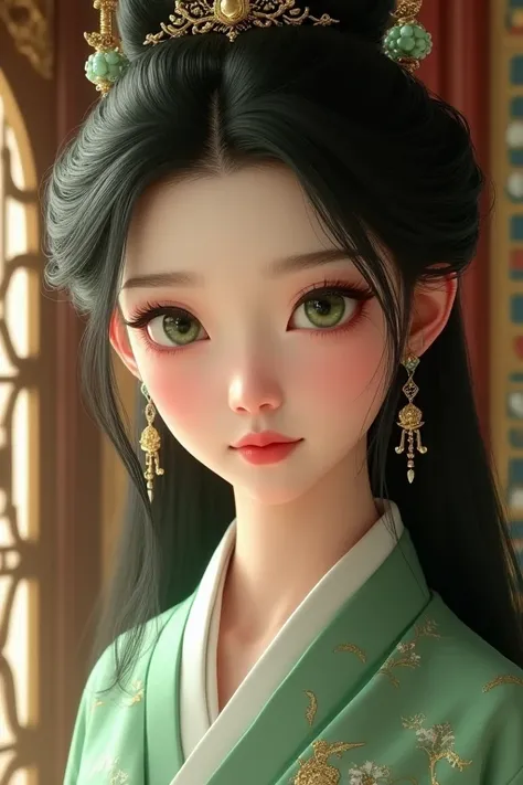 chinese princess, green eyes. Beautiful fair skin.
Royal Palace. 16 years