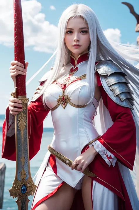 White feathered goddess, sword in hand, red armor 