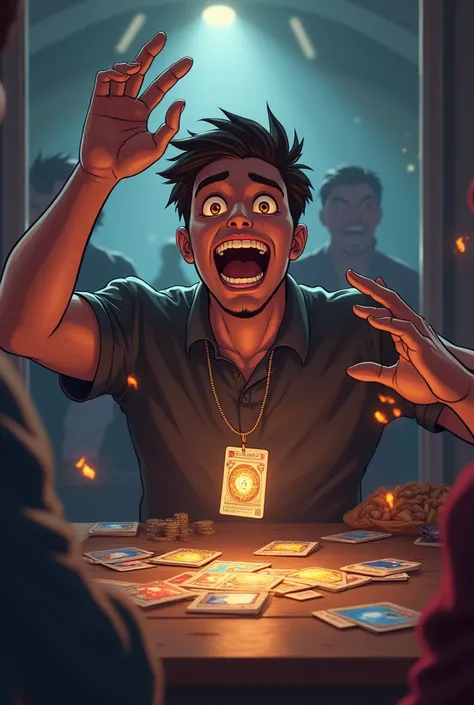 When you draw your best card on the last turn"
Prompt: A person with a look of pure joy and disbelief, holding up a card with an excited expression. Background should show a TCG setting, like a table with other cards. Text: "The plot twist no one saw comin...