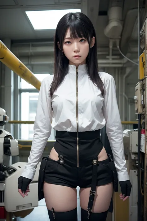 masterpiece, best quality, extremely detailed, Japaese Cyborg girl,Plump , control panels,android,Droid,Mechanical Hand, Robot arms and legs, Black hair,Blunt bangs,perfect robot girl,long tube,thick cable connected her neck,android,robot,humanoid,cyborg,j...