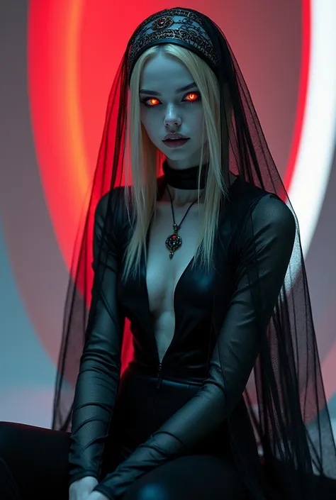 Fashionable of androgynous alien looking witch wearing veil, glowing eyes, beautiful evil slavic muscular woman, pale skin, long dark blond hair, futuristic design, minimal details, givenchy, photoreal, 200mm, hd, f/ 2.0, highly detailed, surreal , drop de...