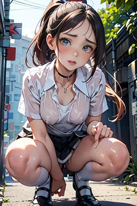 (Highest quality)), ((masterpiece)), (detailed), Natural light，Perfect Anatomy，(((A Cute High School Girl，Wearing a white open collar shirt and black skirt 1.8))),Very sexy，A young woman with a baby face，Small breasts，とてもSmall breasts，Woman squatting with ...