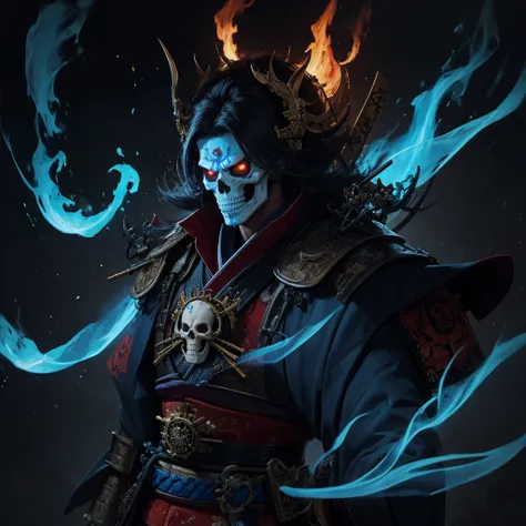 High quality 4K artwork ,Flaming skull-faced samurai with blue flames,kimono branco 