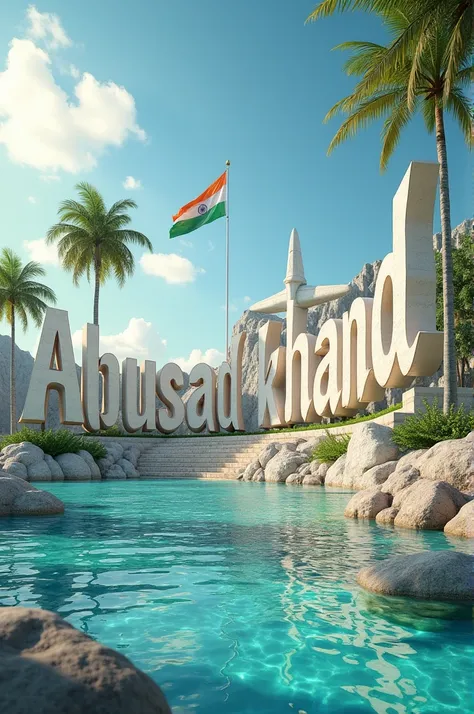 Name “Abusad khan” real 3D sea Island background with big Indian flag , stone text capital big aroplane, stone peal. stylish in front 3D rendering, typography, 3d render, 