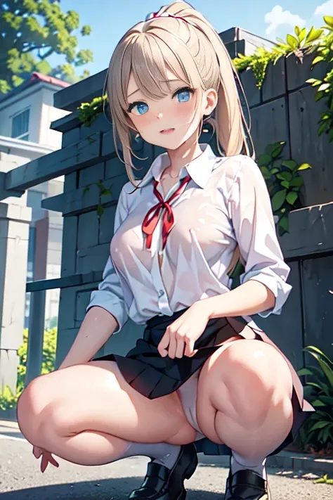 (Highest quality)), ((masterpiece)), (detailed), Natural light，Perfect Anatomy，(((A Cute High School Girl，Wearing a white open collar shirt and black skirt 1.8))),Very sexy，A young woman with a baby face，Small breasts，とてもSmall breasts，Woman squatting with ...