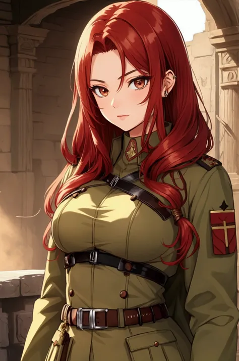 woman, Antiquity Militärkleidung, Antiquity, Olive skin, Red hair, brown eyes, Anime Style