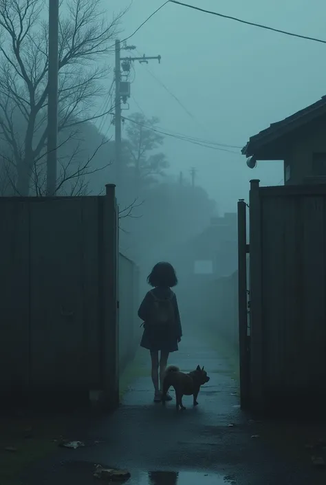 A small Japanese residential area shrouded in morning mist、A large, blurry black keyhole appears on a part of the fence at a construction site with defects.、A young elementary school girl with glasses standing nearby, looking surprised.、A pug and French bu...