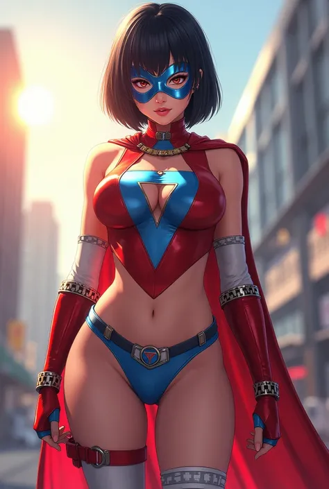 Female, age 25-30, japanese, dark hair, bob cut, muscle, full body, costume: blue metallic domino mask, blue choker, blue cape, sleeveless red suit with white sides, up side down white triangle symbol, belly cutout, blue undies, thighs out, white thigh-hig...