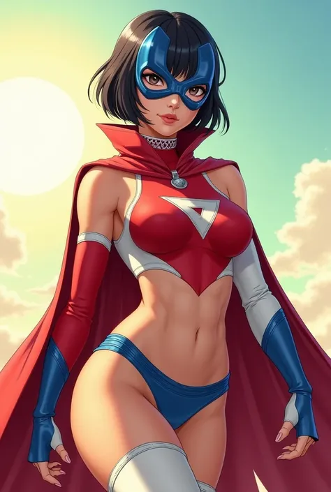 Female, age 25-30, japanese, dark hair, bob cut, muscle, full body, costume: blue metallic domino mask, blue choker, blue cape, sleeveless red suit with white sides, up side down white triangle symbol, belly cutout, blue undies, thighs out, white thigh-hig...