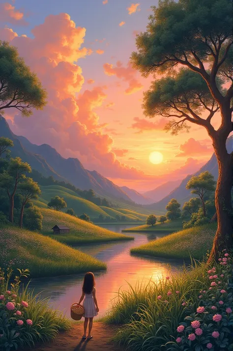 Easy Canvas painting, medium size, Sunset, clouds, grass, plants, large trees, river, little mountains, hut, hand painting look, a girl on left side in a flower garden with a basket in hand, warm colors 