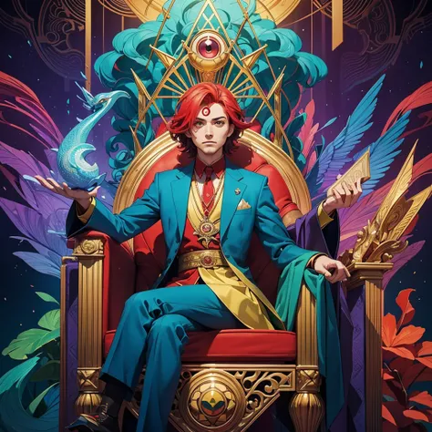 A surreal, colorful image of a man in a blue suit sitting confidently on a luxurious red and gold throne. The mans head is replaced by an Illuminati-style pyramid with an all-seeing eye in the center. Behind the throne is a large, intricate circular mosaic...