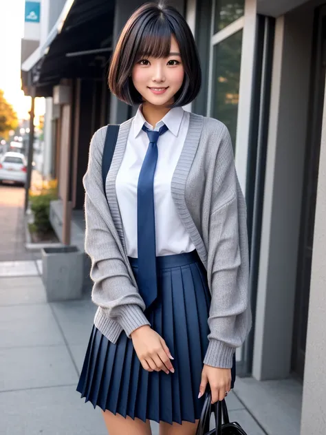 product quality, 1girl, upper body shot, front view, a Japanese young pretty woman, medium bob hair, standing with a big smile on a crowded sidewalk in the sunset, carrying a school bag over her shoulder, glamorous figure, wearing a long length gray knitte...