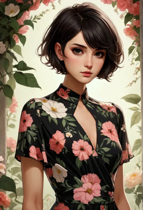 Short Hair, Black Eyes, Sexy, Floral Dress