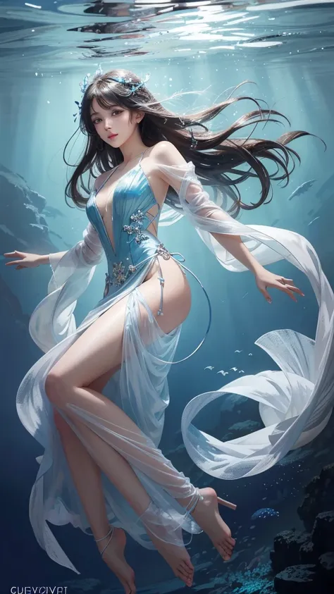 Best quality，masterpiece，Ultra-high resolution，Clear face,（Reality：1.4），RAW photos，Cold Light，Woman wearing transparent clothes underwater，Full body image，Wallpaper Anime Blue Water，Guvitz-style artwork，closeup fantasy with water magic，author：Yang J，Guvitz...