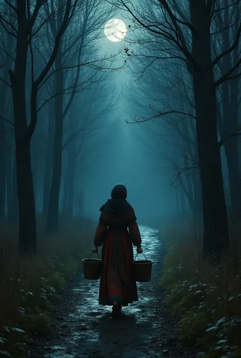 painting of a woman in Russian folk clothes walks along a path, ((carries a yoke with buckets full of water)), against the backdrop of a night forest , dark atmosphere, dark atmosphere, Inspiration, cinematic scene, volumetric lights, ultra realistic, in t...