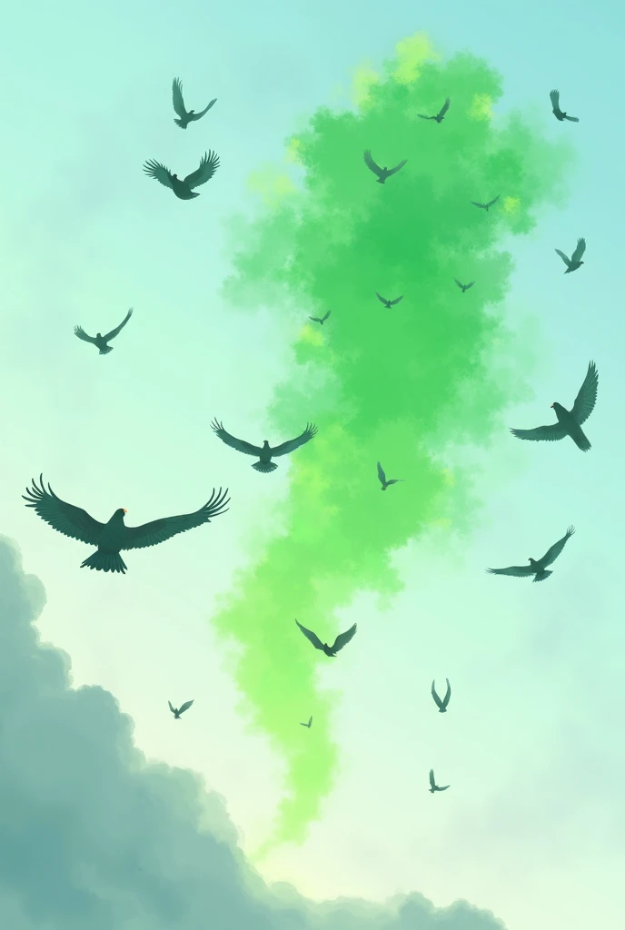 Make a photo of a one flying birds on front of green glob