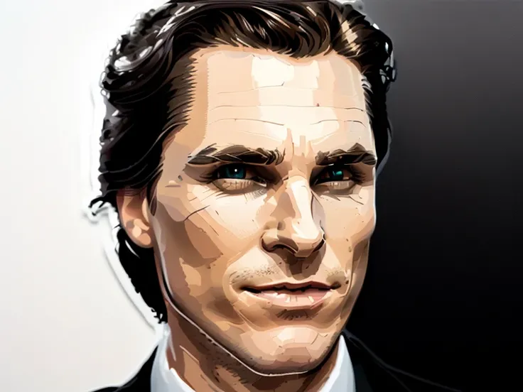 t-shirt designer, stylized modern vector art, (white background), vector, design, (a close-up of a man in a suit making a face), Patrick Bateman), in American Psycho (1 9 9 9),, ,,(Christian Bale), smug smile.(minimalist),.few details,colors (black and whi...