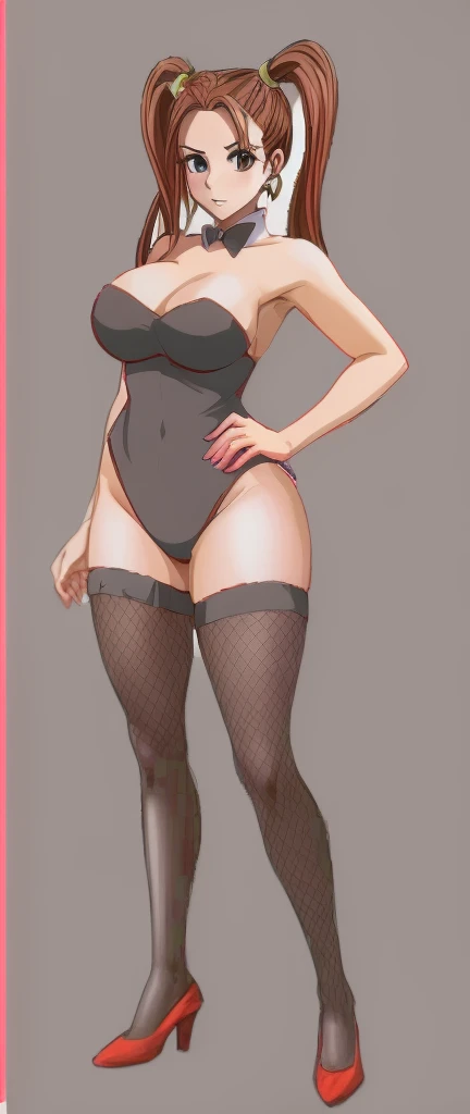 Jessica, with her large breasts, beautiful legs, and twintails, is standing with her hands on her hips, wearing a black high-cut bunny suit and fishnet tights.。