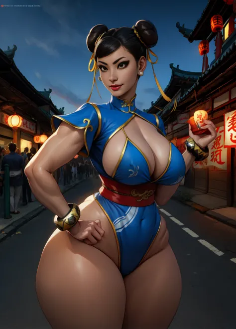 Sexy chun li usando un babdoll, double bun,  black hair, brown eyes, Ara-Ara
chinese clothes, micro bikini , spiked bracelet, bun cover, earrings , 
standing, tetona, con cintura delgada, enorme trasero, smile,  sash, 
chinatown,  noche, 
(insanely detaile...